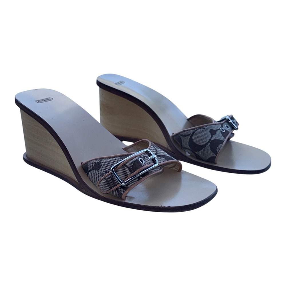 Y2K Coach Wooden Wedges Signature Jacquard Canvas Kitten Heel Soho Buckle Sz 9.5
